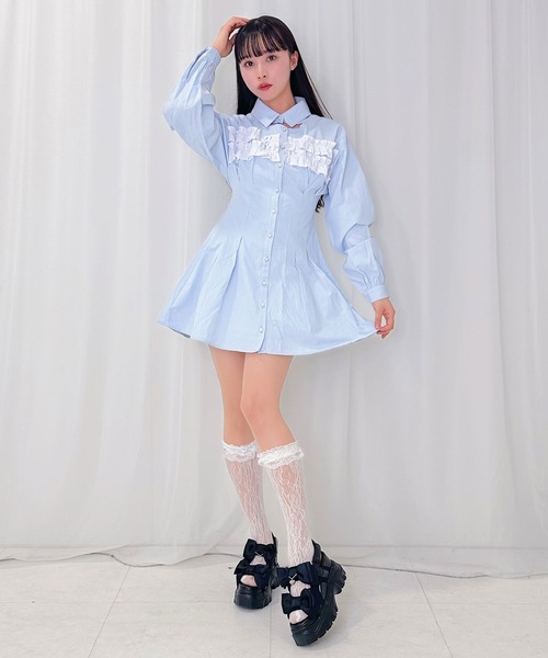 Honey Cinnamon(ハニーシナモン)の「デコルテ開きシャツワンピース(シャツワンピース・レディース・サックスブルー/ピンク・FREE)」の3枚目の写真