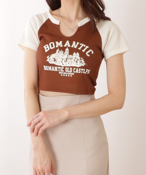 Lace Ladies(レースレディース)の「キーネック コンパクト 半袖 プリント トップス(Tシャツ/カットソー・レディース・ブラウン/アイボリー・FREE)」の2枚目の写真