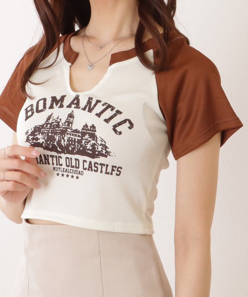 Lace Ladies(レースレディース)の「キーネック コンパクト 半袖 プリント トップス(Tシャツ/カットソー・レディース・ブラウン/アイボリー・FREE)」の1枚目の写真
