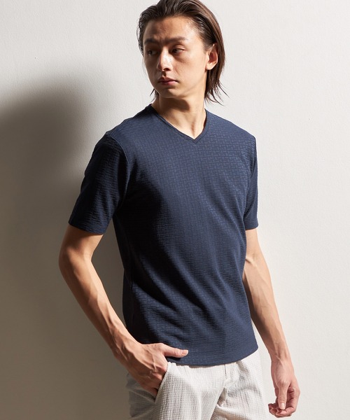 HIDEAWAYS NICOLE(ハイダウェイニコル)の「バスケットリンクスVネック半袖プルオーバー(Tシャツ/カットソー・メンズ・オフホワイト/ブラック/シルバーグレー/ネイビー/ピンク・MEDIUM/LARGE/X-LARGE)」の5枚目の写真