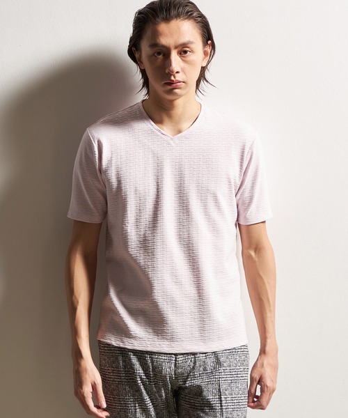 HIDEAWAYS NICOLE(ハイダウェイニコル)の「バスケットリンクスVネック半袖プルオーバー(Tシャツ/カットソー・メンズ・オフホワイト/ブラック/シルバーグレー/ネイビー/ピンク・MEDIUM/LARGE/X-LARGE)」の1枚目の写真