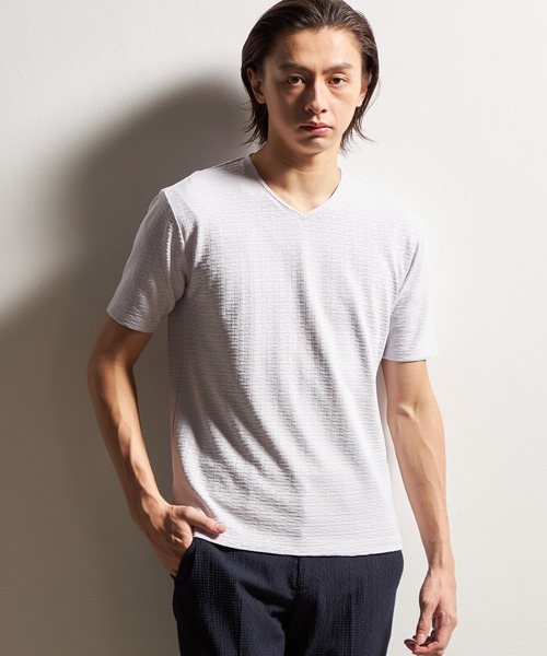 HIDEAWAYS NICOLE(ハイダウェイニコル)の「バスケットリンクスVネック半袖プルオーバー(Tシャツ/カットソー・メンズ・オフホワイト/ブラック/シルバーグレー/ネイビー/ピンク・MEDIUM/LARGE/X-LARGE)」の4枚目の写真