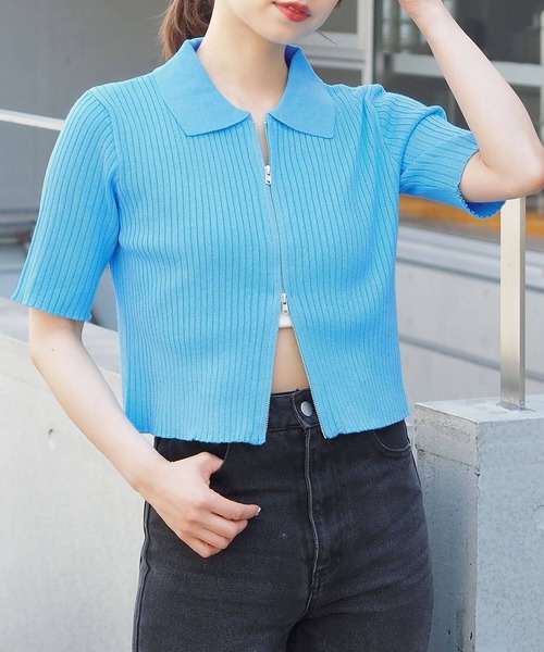 tiptop(ティップトップ)の「ダブルジップ半袖リブトップス(ニット/セーター・レディース・ブラック系その他/アイボリー/ブラック/サックスブルー/ホワイト系その他/レッド/ホワイト系その他2/ブラック系その他2・FREE)」の7枚目の写真