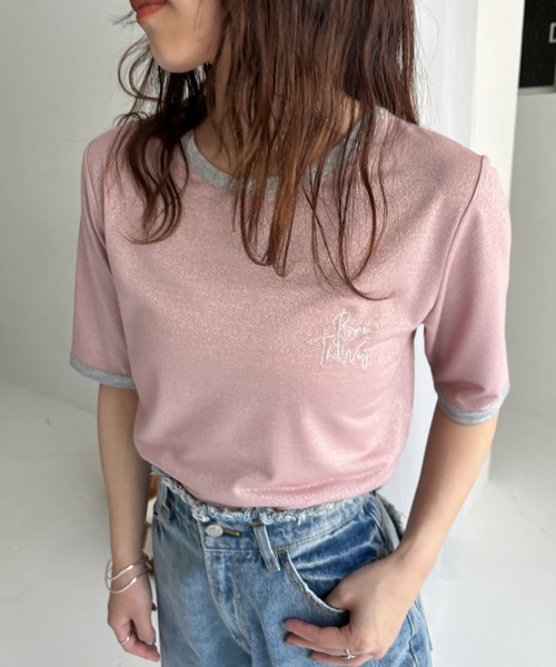 EPIMI E'PIMMY（エピミエピミー）の「刺繍ロゴラメシアー配色Tシャツ（Tシャツ/カットソー・レディース・オフホワイト/ピンク/ブラック・MEDIUM）」の3枚目の写真