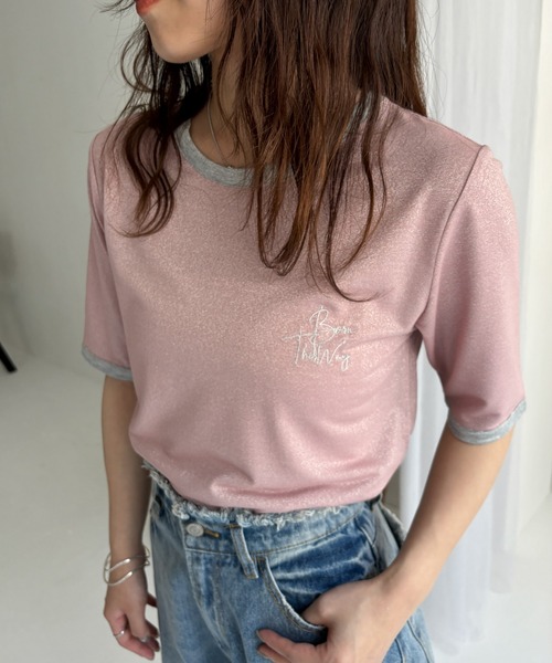 EPIMI E'PIMMY（エピミエピミー）の「刺繍ロゴラメシアー配色Tシャツ（Tシャツ/カットソー・レディース・オフホワイト/ピンク/ブラック・MEDIUM）」の9枚目の写真