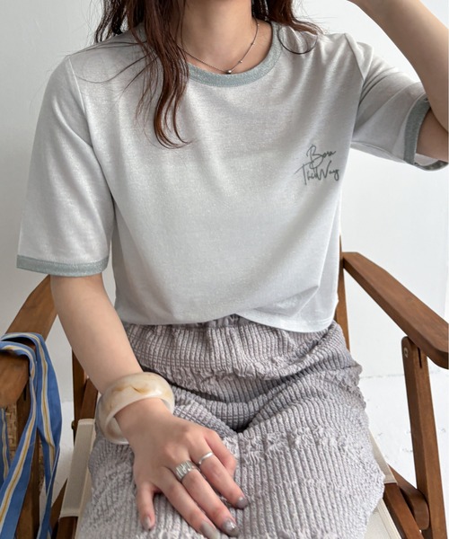 EPIMI E'PIMMY（エピミエピミー）の「刺繍ロゴラメシアー配色Tシャツ（Tシャツ/カットソー・レディース・オフホワイト/ピンク/ブラック・MEDIUM）」の7枚目の写真