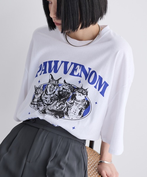 MERLOT（メルロー）の「オーバーサイズメニーキャットコットンTシャツ（Tシャツ/カットソー・レディース・ホワイト/ブラック/グレー・FREE）」の2枚目の写真