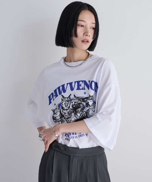 MERLOT（メルロー）の「オーバーサイズメニーキャットコットンTシャツ（Tシャツ/カットソー・レディース・ホワイト/ブラック/グレー・FREE）」の5枚目の写真