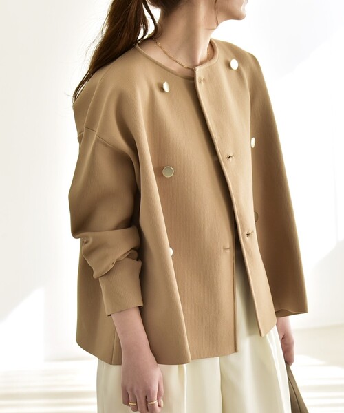 quaranciel:〈手洗い可能〉ニット ノーカラー ダブルジャケット