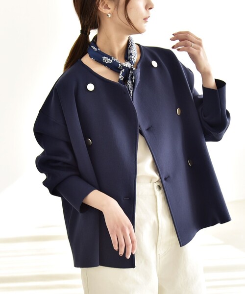 quaranciel:〈手洗い可能〉ニット ノーカラー ダブルジャケット