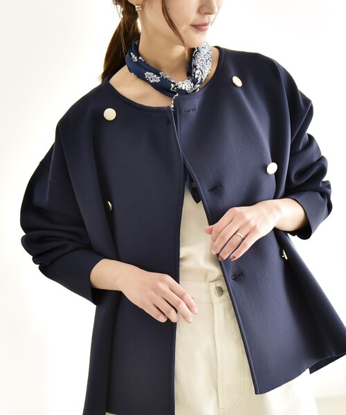 ✨未使用✨ CURLY カーリー　ノーカラー　ジャケット　カーディガン　Lサイズ セール】quaranciel:〈手洗い可能〉ニット ノーカラー ダブル