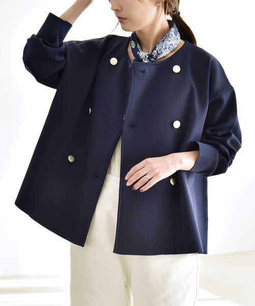 quaranciel:〈手洗い可能〉ニット ノーカラー ダブルジャケット