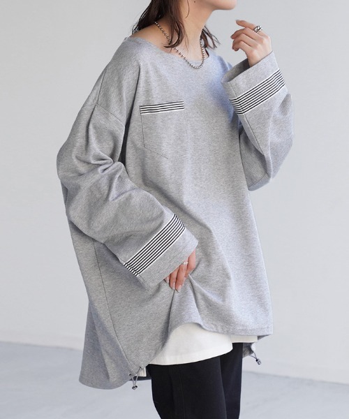 HUG.U(ハグユー)の「ボーダーテープロンT(Tシャツ/カットソー・レディース・ホワイト/ブラック/グレー・FREE)」の16枚目の写真