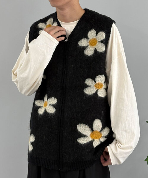 TOWNCRAFT（タウンクラフト）の「【TOWNCRAFT/タウンクラフト】SHAGGY PATTERN ZIP VEST（ニット/セーター・レディース・ブラック/ブラック系その他/ブラウン/ベージュ・LARGE/MEDIUM）」の2枚目の写真