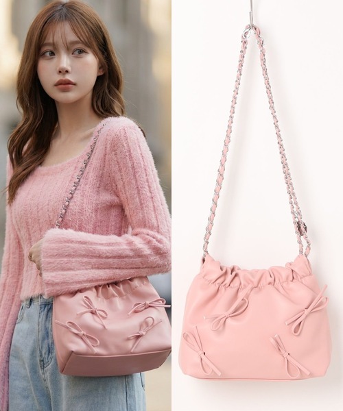 L LABEL（エルラベル）の「リボン付チェーンショルダーバッグ（ショルダーバッグ・レディース・ホワイト/ピンク/ブラック/シルバー・FREE）」の3枚目の写真