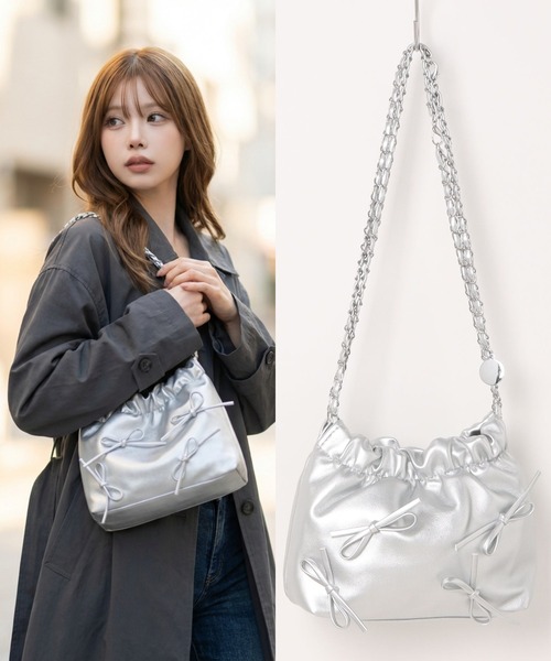 L LABEL（エルラベル）の「リボン付チェーンショルダーバッグ（ショルダーバッグ・レディース・ホワイト/ピンク/ブラック/シルバー・FREE）」の4枚目の写真