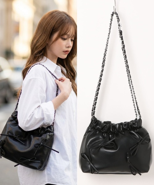 L LABEL（エルラベル）の「リボン付チェーンショルダーバッグ（ショルダーバッグ・レディース・ホワイト/ピンク/ブラック/シルバー・FREE）」の2枚目の写真