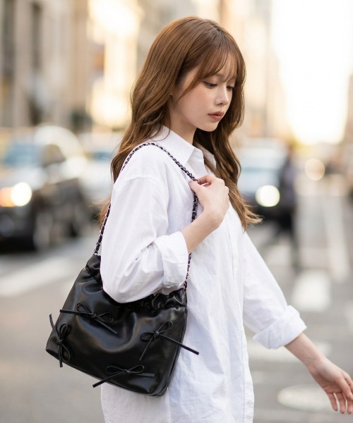 L LABEL（エルラベル）の「リボン付チェーンショルダーバッグ（ショルダーバッグ・レディース・ホワイト/ピンク/ブラック/シルバー・FREE）」の14枚目の写真
