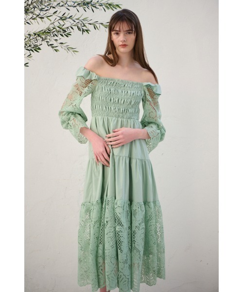 Estella.K エステラケー　イエロー オフショルダー ワンピース Julia Satin Long Dress シャーリングサテンドレス（ワンピース