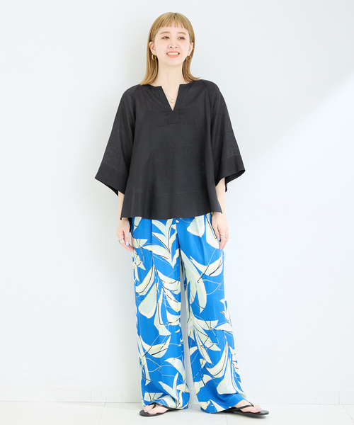 B.C STOCK(ベーセーストック)の「手洗い可 / フレンチリネンワイドスキッパーブラウス(シャツ/ブラウス・レディース・ブラック/ホワイト/グリーン・FREE)」の4枚目の写真