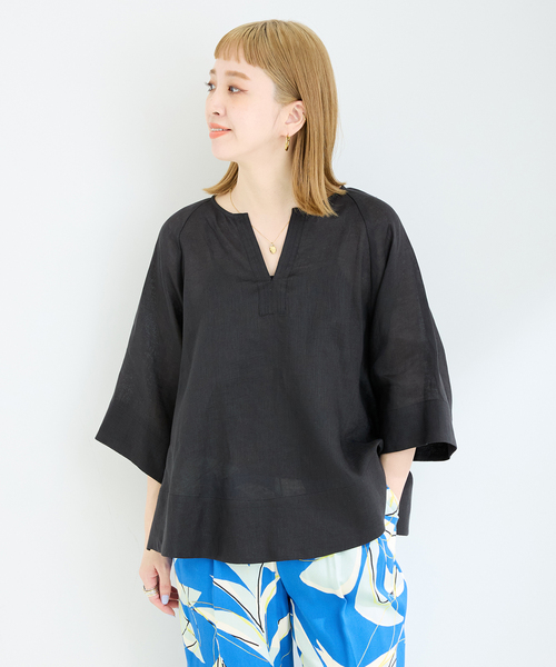 B.C STOCK(ベーセーストック)の「手洗い可 / フレンチリネンワイドスキッパーブラウス(シャツ/ブラウス・レディース・ブラック/ホワイト/グリーン・FREE)」の10枚目の写真