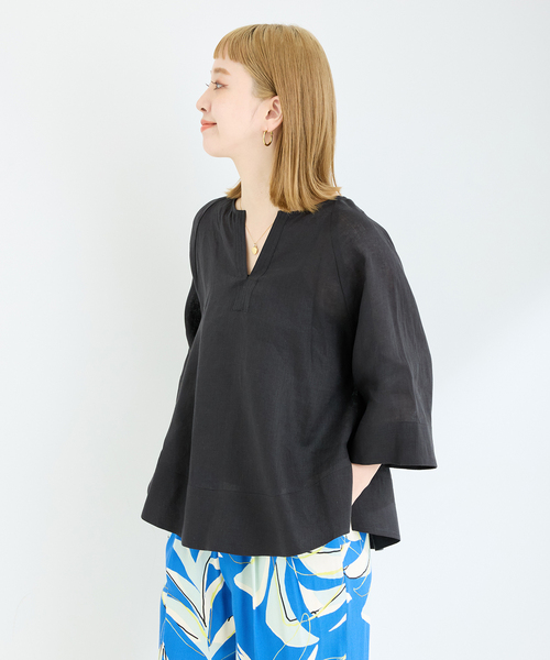 B.C STOCK(ベーセーストック)の「手洗い可 / フレンチリネンワイドスキッパーブラウス(シャツ/ブラウス・レディース・ブラック/ホワイト/グリーン・FREE)」の11枚目の写真