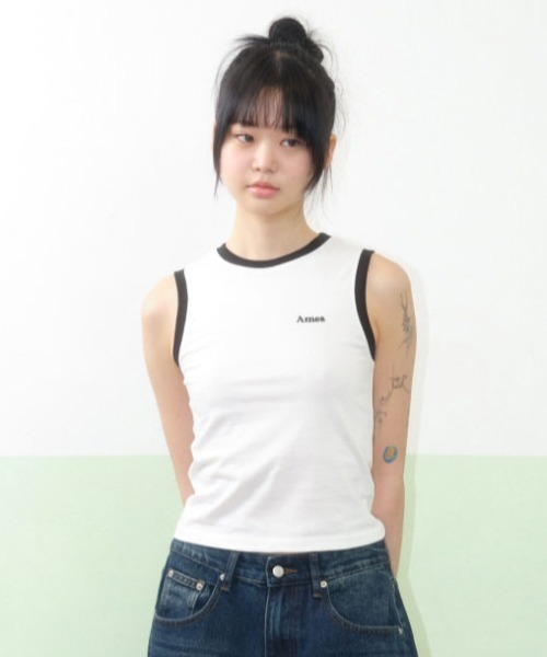 AMESWORLDWIDE（アメスワールドワイド）の「A'GEM/9 × .kom 『AMESWORLDWIDE/アメスワールドワイド』BASIC LOGO SLEEVELESS TEE /ベーシックロゴスリーブレスTEE（タンクトップ・レディース・ブルー/ブラック/ホワイト/ピンク・FREE）」の2枚目の写真
