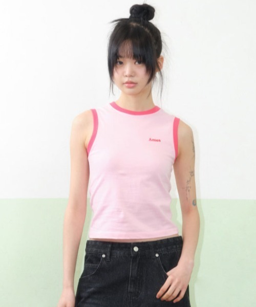 AMESWORLDWIDE（アメスワールドワイド）の「A'GEM/9 × .kom 『AMESWORLDWIDE/アメスワールドワイド』BASIC LOGO SLEEVELESS TEE /ベーシックロゴスリーブレスTEE（タンクトップ・レディース・ブルー/ブラック/ホワイト/ピンク・FREE）」の4枚目の写真