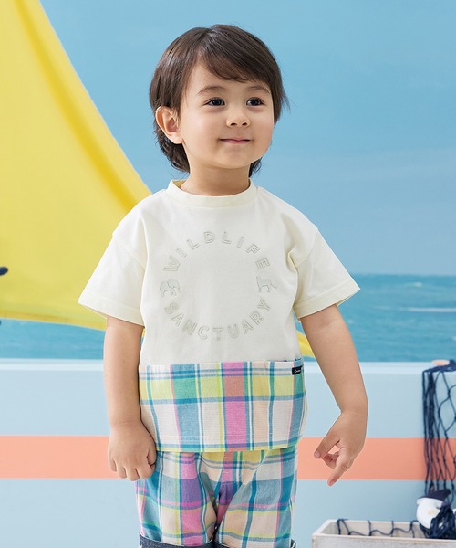 combimini(コンビミニ)の「半袖レイヤード風Tシャツ(チェック)(Tシャツ/カットソー・キッズ・サックスブルー/キナリ・80/90/100/110/120)」の1枚目の写真