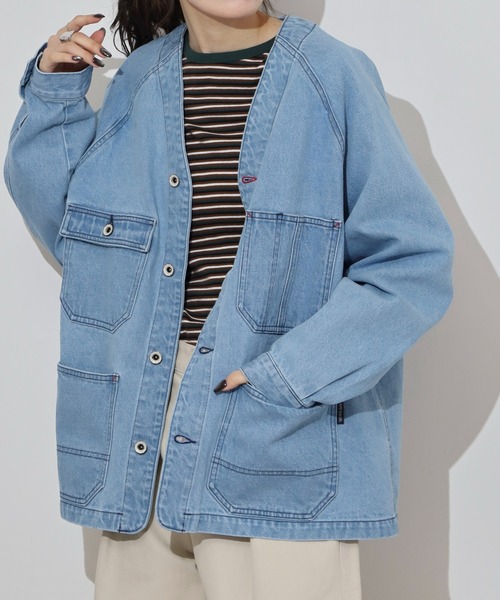 KRIFF MAYER（クリフメイヤー）の「KRIFF MAYER colorless coveralls / ノーカラーカバーオール unisex（デニムジャケット・メンズ・ダークブルー/ライトブルー・XL/L/M）」の2枚目の写真