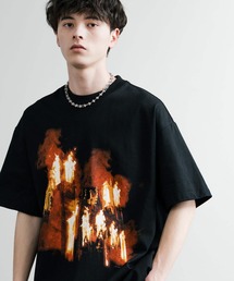 オーバーサイズ ファイヤーフォトプリントクルーネック半袖Tシャツ