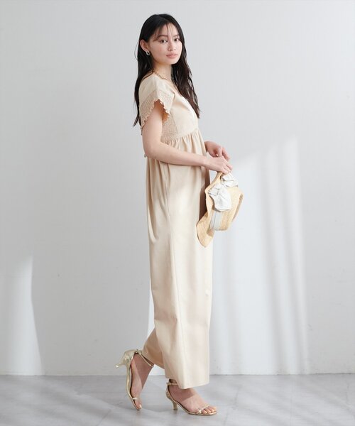 natural coutureナチュラルクチュールオールインワンベージュ セール】綿麻シャーリング袖サロペ（その他パンツ）｜natural