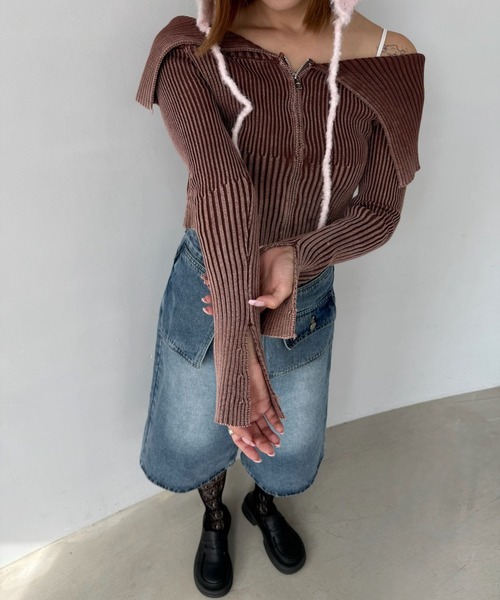 SANSeLF（サンセルフ）の「【SANSeLF】 オフショルダー ニットトップス ジップアップ スリットスリーブ sanw25a028（その他トップス・レディース・ブラウン/カーキ/ブラック・FREE）」の8枚目の写真