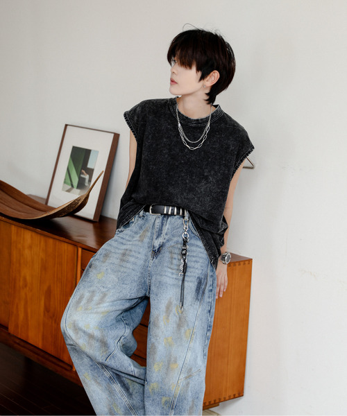 neos（ネオス）の「【neos】ルーズシルエット ピグメント加工 ビンテージライク ユーズド風 ノースリーブ タンクトップ（タンクトップ・メンズ・ブラック/ベージュ・X-LARGE/LARGE/MEDIUM）」の4枚目の写真