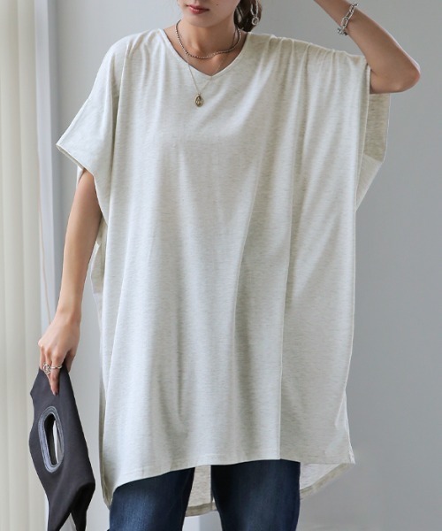 HUG.U(ハグユー)の「二の腕撃退 ビッグTシャツ(Tシャツ/カットソー・レディース・モカ/ダークグレー/グリーン/オリーブ/オフホワイト/ブラック/ライトグレー/ロイヤルブルー・FREE)」の1枚目の写真