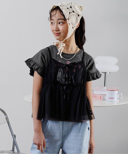 algy（アルジー）の「ロックT&チュールキャミセット（Tシャツ/カットソー・キッズ・チャコール/オフホワイト・SMALL/MEDIUM/X-SMALL/XX-SMALL）」の2枚目の写真
