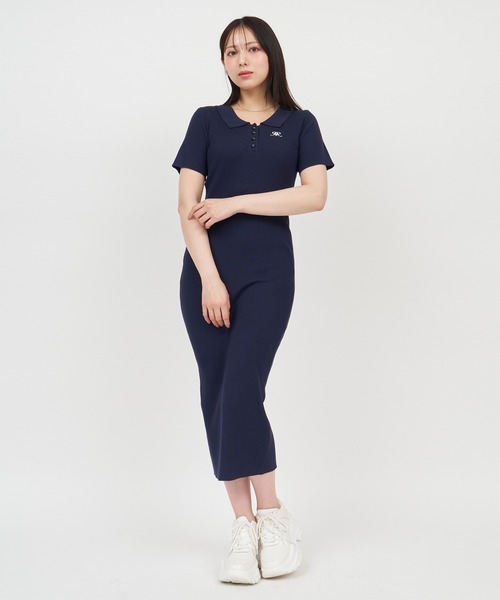 セール】ポロ衿ロゴ刺しゅうニットワンピース（ワンピース