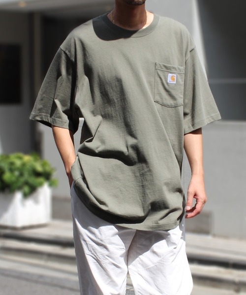 Carhartt（カーハート）の「【carhartt】カーハート Workwear 1/2-Sleeve T-Shirts ビッグシルエット ポケット半袖 ロゴ Tシャツ トップス K87（Tシャツ/カットソー・メンズ・チャコールグレー/ヘザーグレー/ブラック/ダークオリーブ/ベージュ/ホワイト/グリーン系その他2/ネイビー/オリーブ/ブルー/シャーベット/セージグリーン/ライム/ダークブルー・L/M/S/XL）」の7枚目の写真
