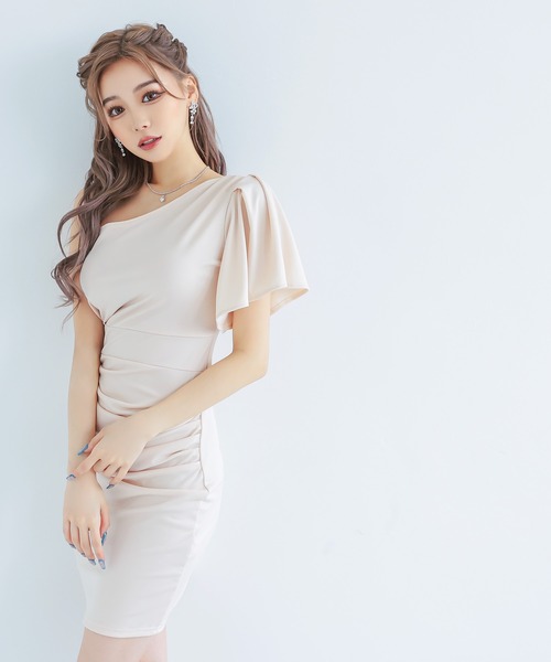 myMinette(マイミネット)の「キャバドレス ミニ タイト ノースリーブ フリル袖ギャザーデザインワンショルダーミニプチプラドレス(ドレス・レディース・グリーン/ベージュ・X-LARGE/SMALL/LARGE/MEDIUM)」の4枚目の写真