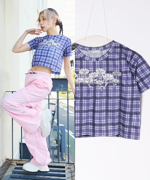 DURAS(デュラス)の「シアーチェッククロップTシャツ(Tシャツ/カットソー・レディース・チャコール/パープル/オレンジ・MEDIUM/SMALL)」の2枚目の写真