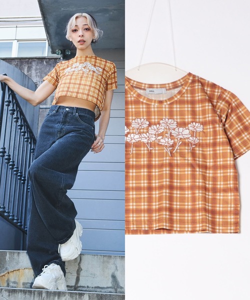 DURAS(デュラス)の「シアーチェッククロップTシャツ(Tシャツ/カットソー・レディース・チャコール/パープル/オレンジ・MEDIUM/SMALL)」の3枚目の写真