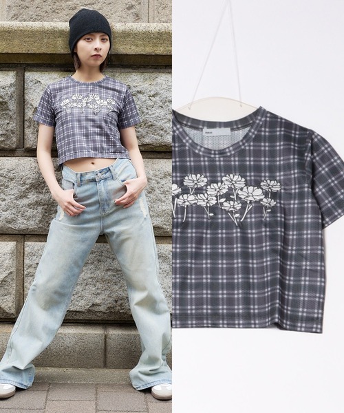 DURAS(デュラス)の「シアーチェッククロップTシャツ(Tシャツ/カットソー・レディース・チャコール/パープル/オレンジ・MEDIUM/SMALL)」の1枚目の写真