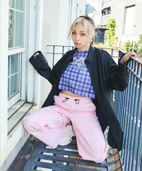 DURAS(デュラス)の「シアーチェッククロップTシャツ(Tシャツ/カットソー・レディース・チャコール/パープル/オレンジ・MEDIUM/SMALL)」の12枚目の写真