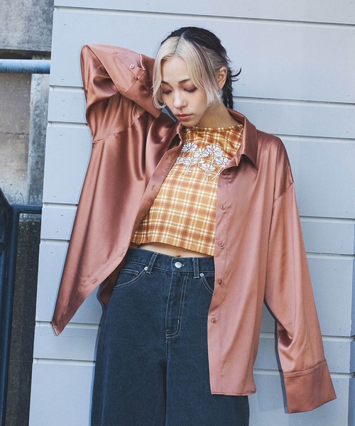 DURAS(デュラス)の「シアーチェッククロップTシャツ(Tシャツ/カットソー・レディース・チャコール/パープル/オレンジ・MEDIUM/SMALL)」の18枚目の写真