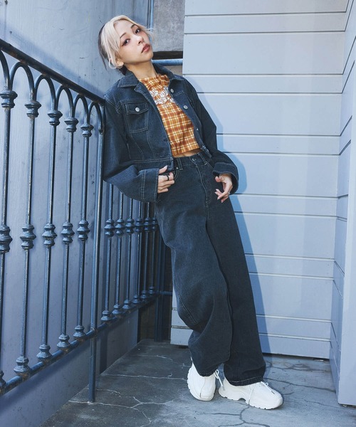 DURAS(デュラス)の「シアーチェッククロップTシャツ(Tシャツ/カットソー・レディース・チャコール/パープル/オレンジ・MEDIUM/SMALL)」の16枚目の写真