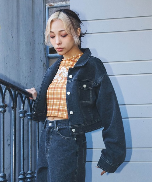 DURAS(デュラス)の「シアーチェッククロップTシャツ(Tシャツ/カットソー・レディース・チャコール/パープル/オレンジ・MEDIUM/SMALL)」の14枚目の写真