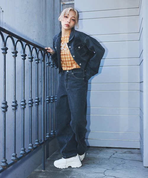 DURAS(デュラス)の「シアーチェッククロップTシャツ(Tシャツ/カットソー・レディース・チャコール/パープル/オレンジ・MEDIUM/SMALL)」の15枚目の写真