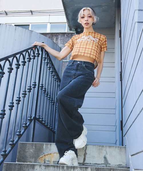 DURAS(デュラス)の「シアーチェッククロップTシャツ(Tシャツ/カットソー・レディース・チャコール/パープル/オレンジ・MEDIUM/SMALL)」の13枚目の写真