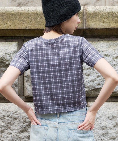 DURAS(デュラス)の「シアーチェッククロップTシャツ(Tシャツ/カットソー・レディース・チャコール/パープル/オレンジ・MEDIUM/SMALL)」の22枚目の写真