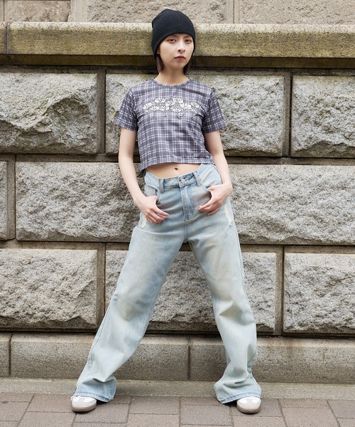 DURAS(デュラス)の「シアーチェッククロップTシャツ(Tシャツ/カットソー・レディース・チャコール/パープル/オレンジ・MEDIUM/SMALL)」の20枚目の写真